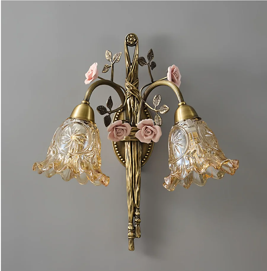 Copper Single Double Style Wall Lamp Ceramic Rose Wall Sconces Living Room Wall Light Lamparas De Pared Applique Home Decoration