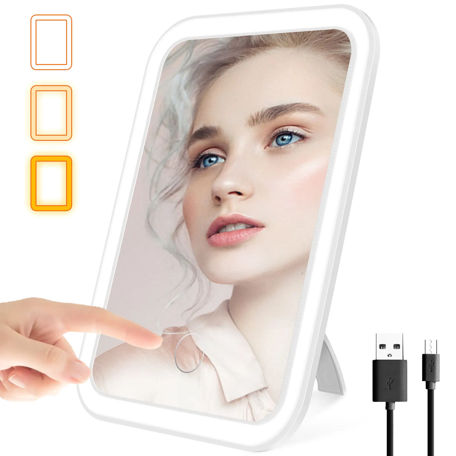 LED Makeup Mirror with Touch Screen Kickstand 3 Colors Dimmable Cosmetic Travel Mirror with Light Rechargeable USB Makeup Mirror