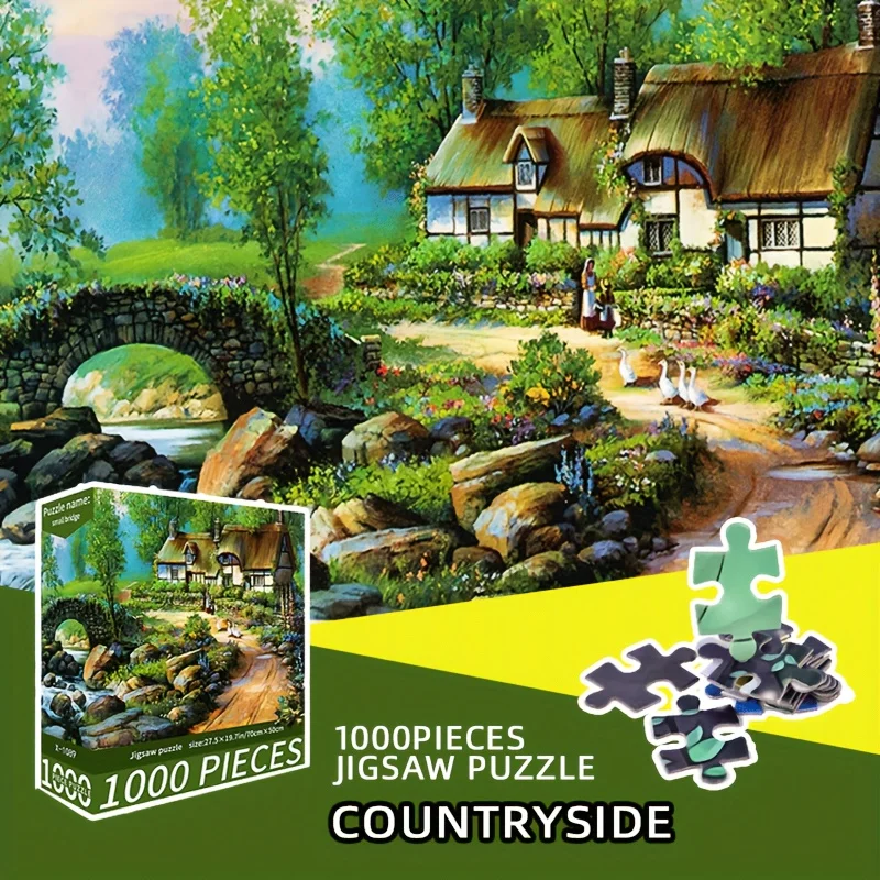 

1000pcs Jigsaw Puzzle for Adults - Large 28x20in Countryside Landscape with Cottage, Stone Bridge