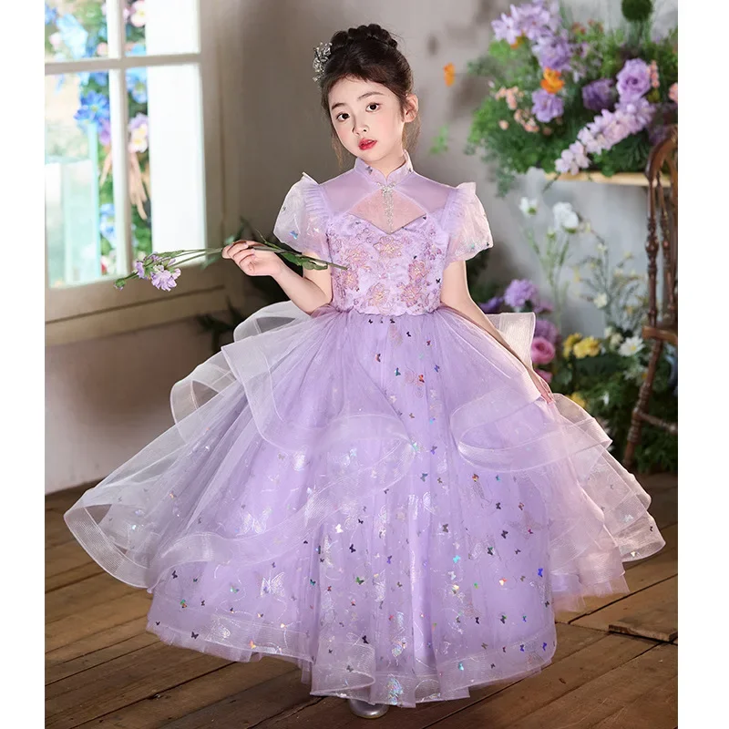 

2025 Girls Elegant Princess Banquet Evening Gown Birthday Party Dress Kids Host Piano Performance Puffy Skirt Show Wear