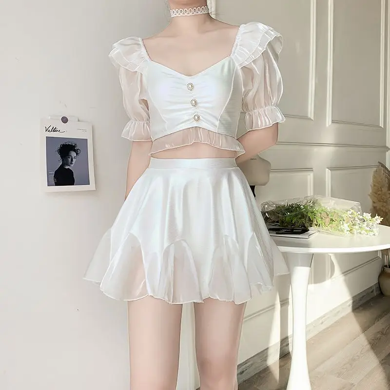 Summer Korean Version White Slim Short Sleeve V-Neck Ruffles With Chest Pad Without Steel Support Women's Bikini Two-piece Set