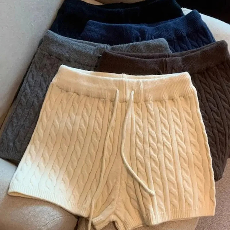 Fashion Drawstring High Waist Casual Warm Twists Knitting Shorts Grey Black Pantalones Cortos De Mujer Short Pants Women