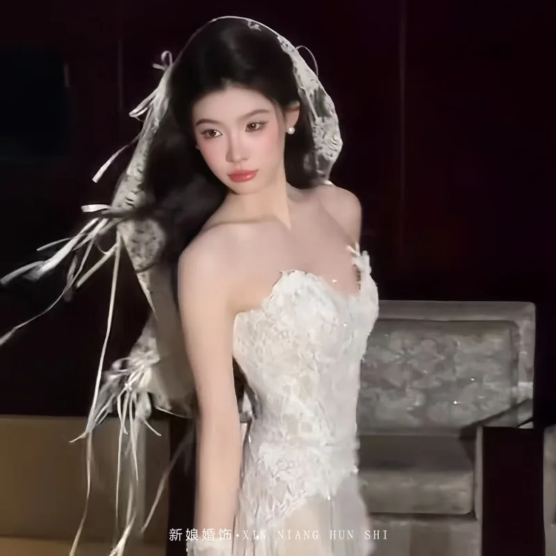 New French bridal veil super fairy lace bow ribbon headgear high-end wedding dress travel photography accessories