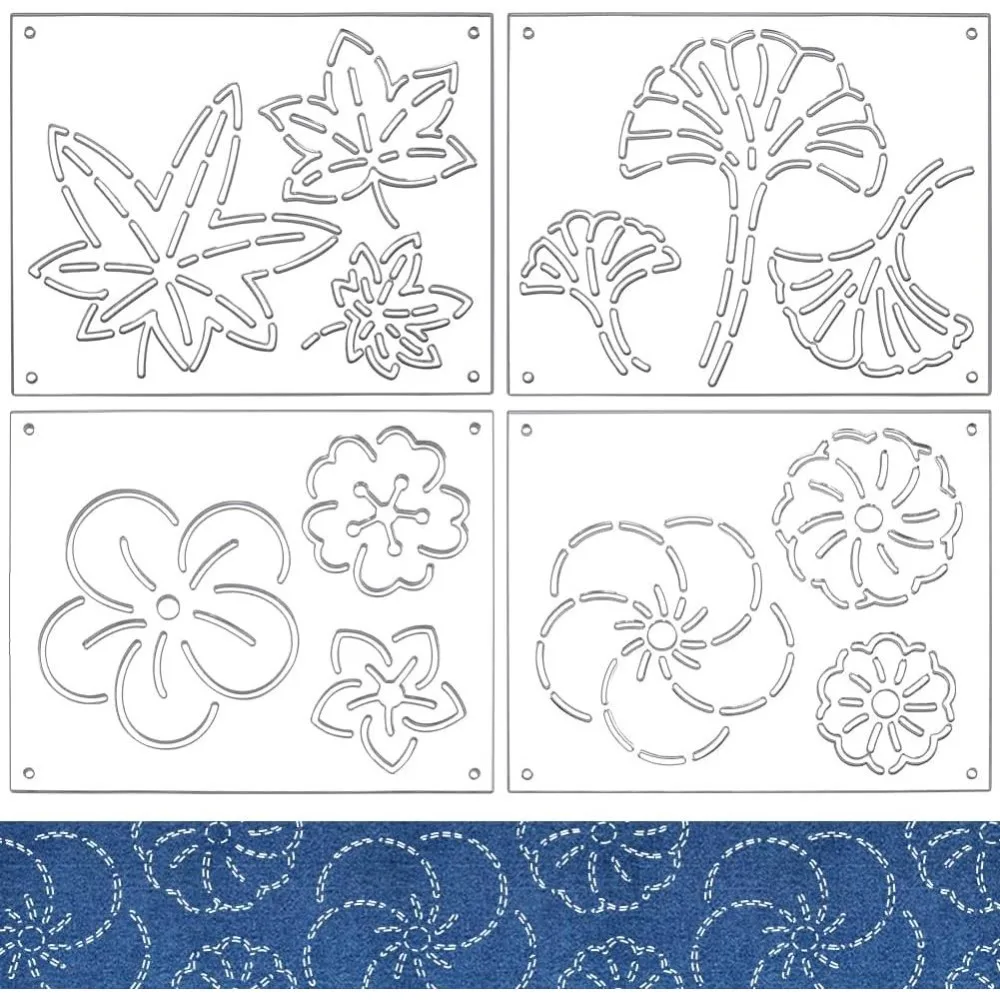 4Pcs Acrylic Sashiko Stencil Rectangle Flower and Leaf Pattern Embroidery Tool Drawing Line Template for Hand Quilting
