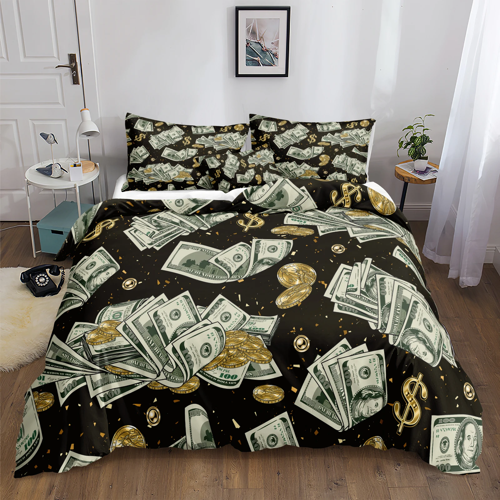 Money Comforter Set Dollar Bill Bedding Comforter Abstract Gold Coins Pattern Ultra Soft Microfiber Bedding Set for Adults Boys