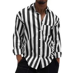 Men's Shirts Spring and Autumn Casual Black White Vertical Striped Shirt Men Long Sleeve Shirts Mens Elastic Button Up Shirt 6XL