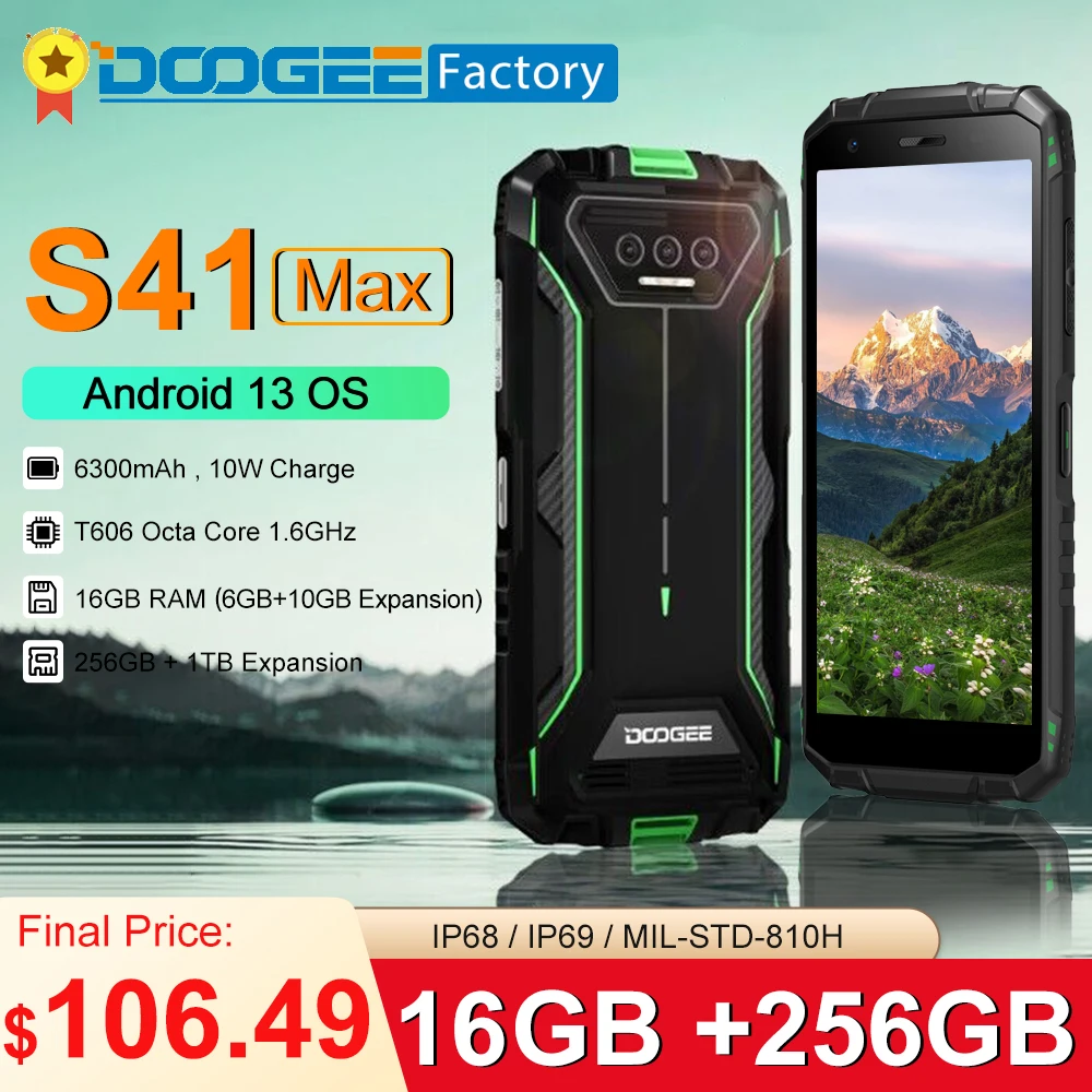 DOOGEE S41 Max 16GB 256GB Rugged Smartphone 6300mAh 13MP AI Triple Camera Cellphone NFC 4G Android 13 Mobile Phone