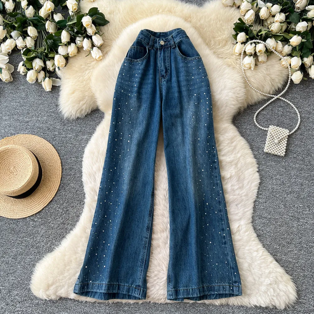 

Denim Pant Women Jeans Vintage Wide Leg Long Pants High Waist Straight Trousers Y2k Streetwear Elegant Work Hot Drilling 2026