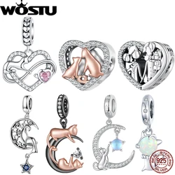 WOSTU 925 Sterling Silve Kissing Cat Charms Playful Pet Heart Family Bead Zircon Pendants Fit Original Bracelet Women DIY Gift