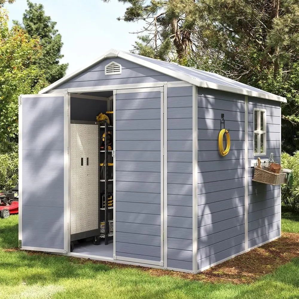 8x6 Outdoor Storage Shed with Window, Lockable Door, Floor, and Sloped Roof - Waterproof Plastic Garden Shed for Backyard, Patio