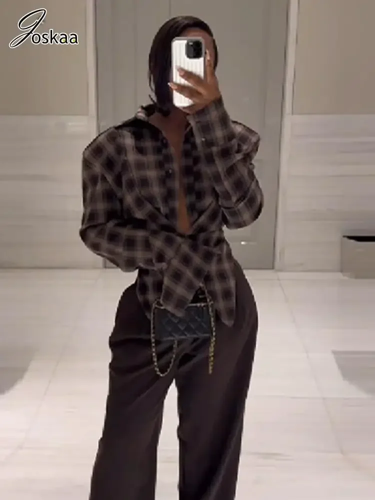 

Yomesugar 2025 Autumn Women's Asymmetric Plaid Shirt Fashion Oversized Lapel Full Sleeve Blouse Chic Cropped Tops Y2K Streetwear