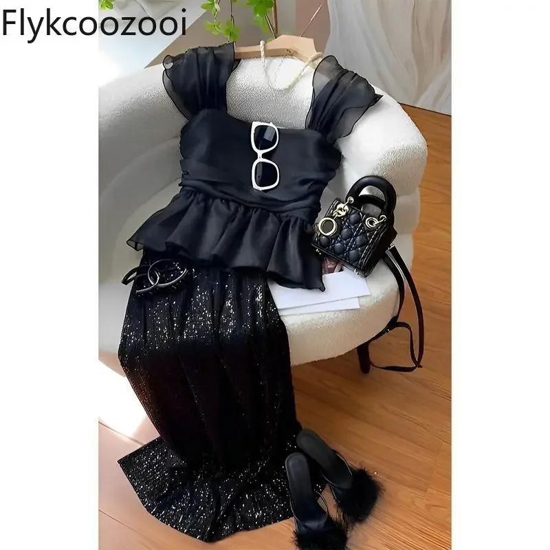 2025 Street Temperament Goddess Style Black Sleeveless Shirt Sequined Skirt Two-piece Suit for Women Summer Ensembles De Jupes