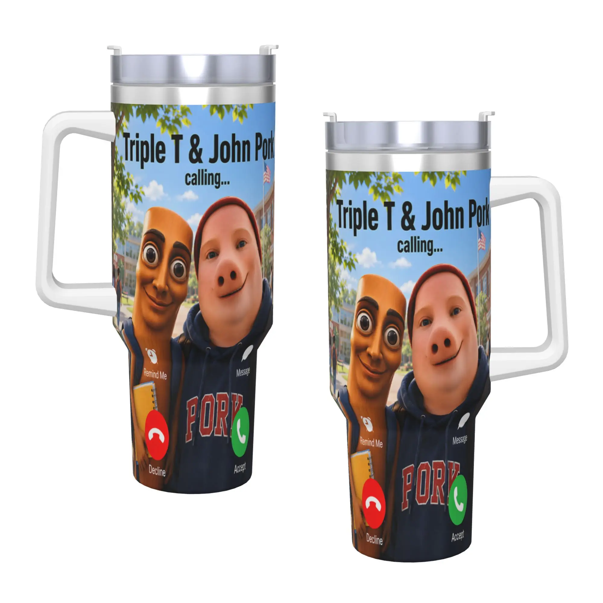 Stainless Steel Tumbler Triple T and John Pork Calling Brainrot Back to School Car Mugs With Straws Cold Drink Water Bottle