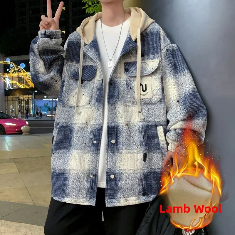 

Мужская бархатная куртка с капюшоном из ягненка, новая зимняя бровая клетчатая толстовка большого размера, повседневное пальто с капюшоном для студентов, полиэфирная ткань