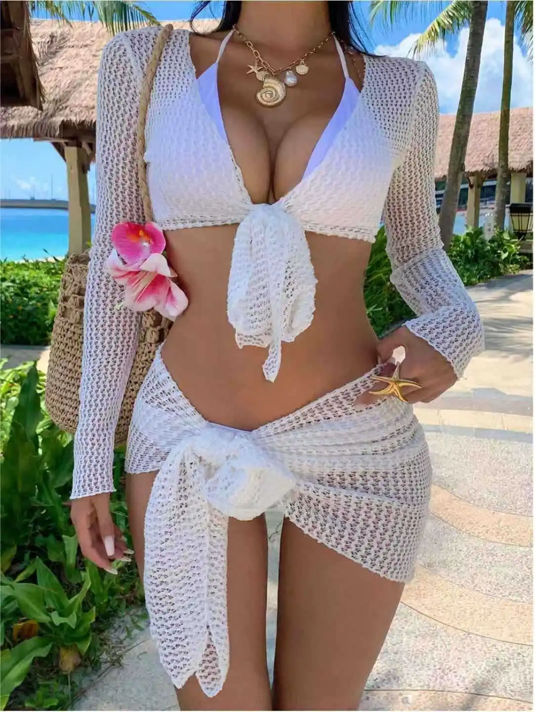 Ensemble Bikini 4 pièces à manches longues, Protection solaire UPF avec couverture transparente, vêtements de plage découpés, Sexy, pour femmes, Robe blanche de vacances