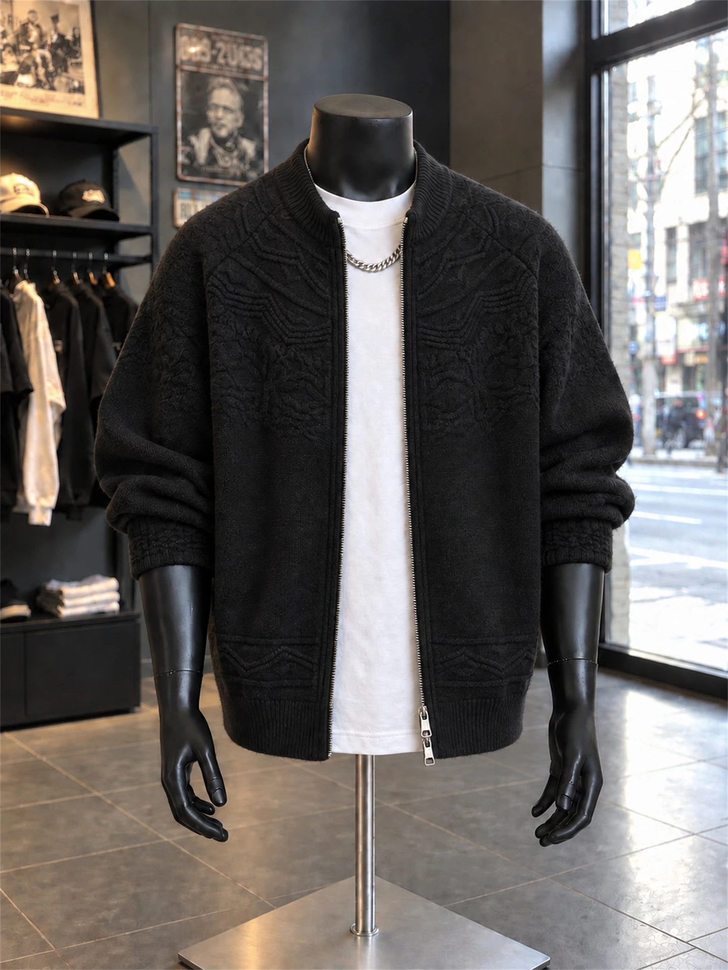 Men's Winter Knitted Cardigan Sweater Double Zipper Casual Loose Warm All-Match Marseilles Pattern Tissue Winter Outerwear