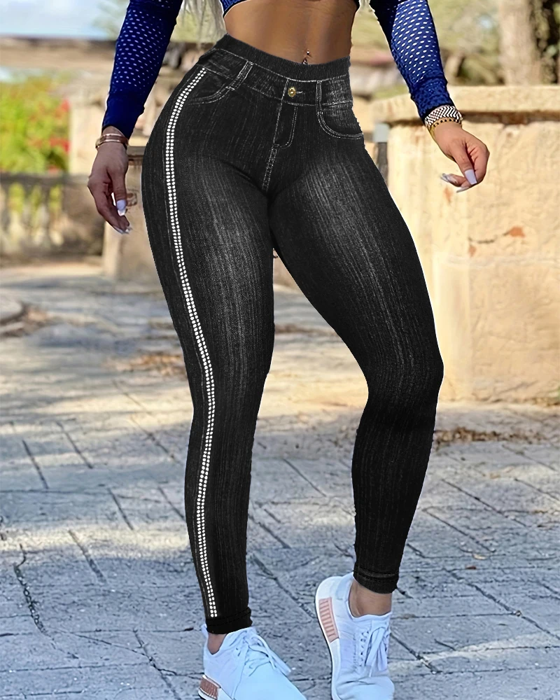 Mallas deportivas para mujer, pantalones de moda de cintura alta con estampado vaquero, pantalones de Yoga ajustados con lunares laterales, medias de levantamiento de glúteos, pantalones de entrenamiento