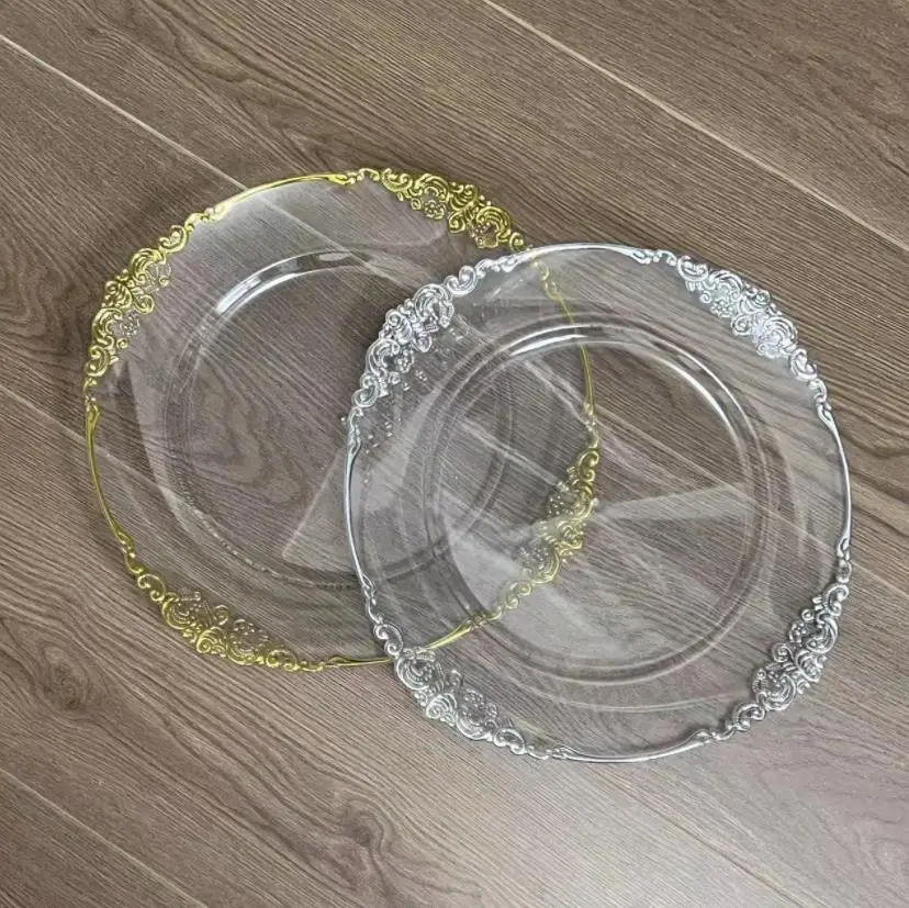 30 /50/100pcs Acrylic Plastic Clear Charger Plate with Gold Rim Decorative Dinner Serving Plates Wedding Xmas Party Decor ni374