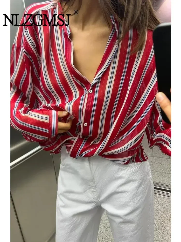 Nlzgmsj TRAF Spring Striped Transparent Blouse Women\'s Shirt Knot Lapel Collar Long Sleeve Top Elegant Blouse Style Blouses