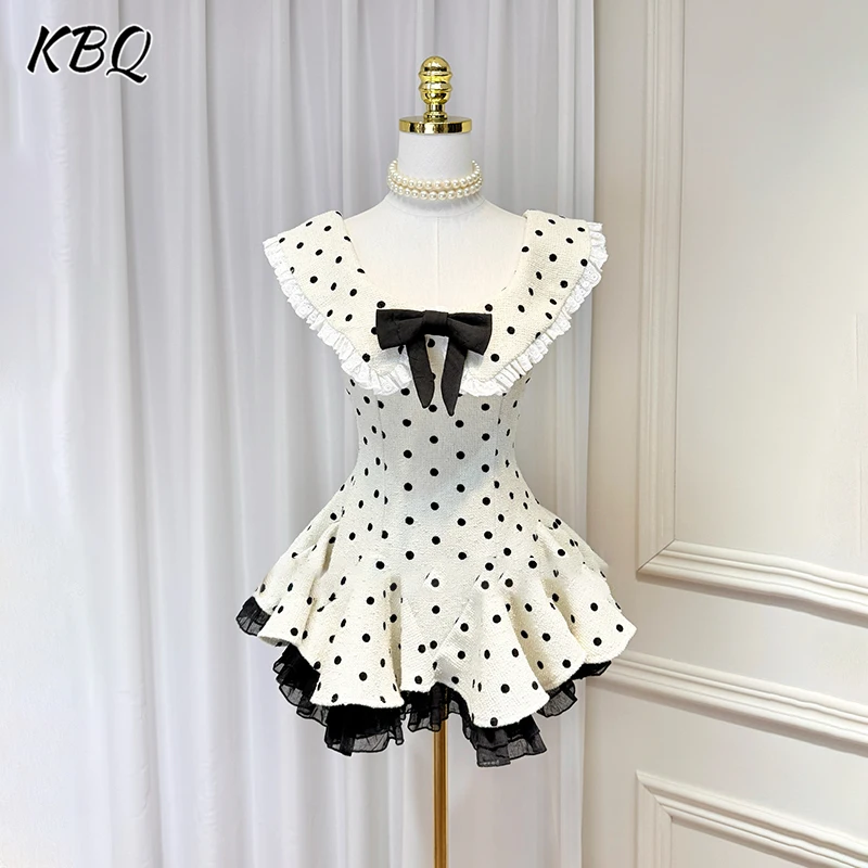 

KBQ Cute Printing Spliced Bowknot Mini Dresses For Women Round Neck Sleeveless High Waist Elegant Princess Dress Female Style