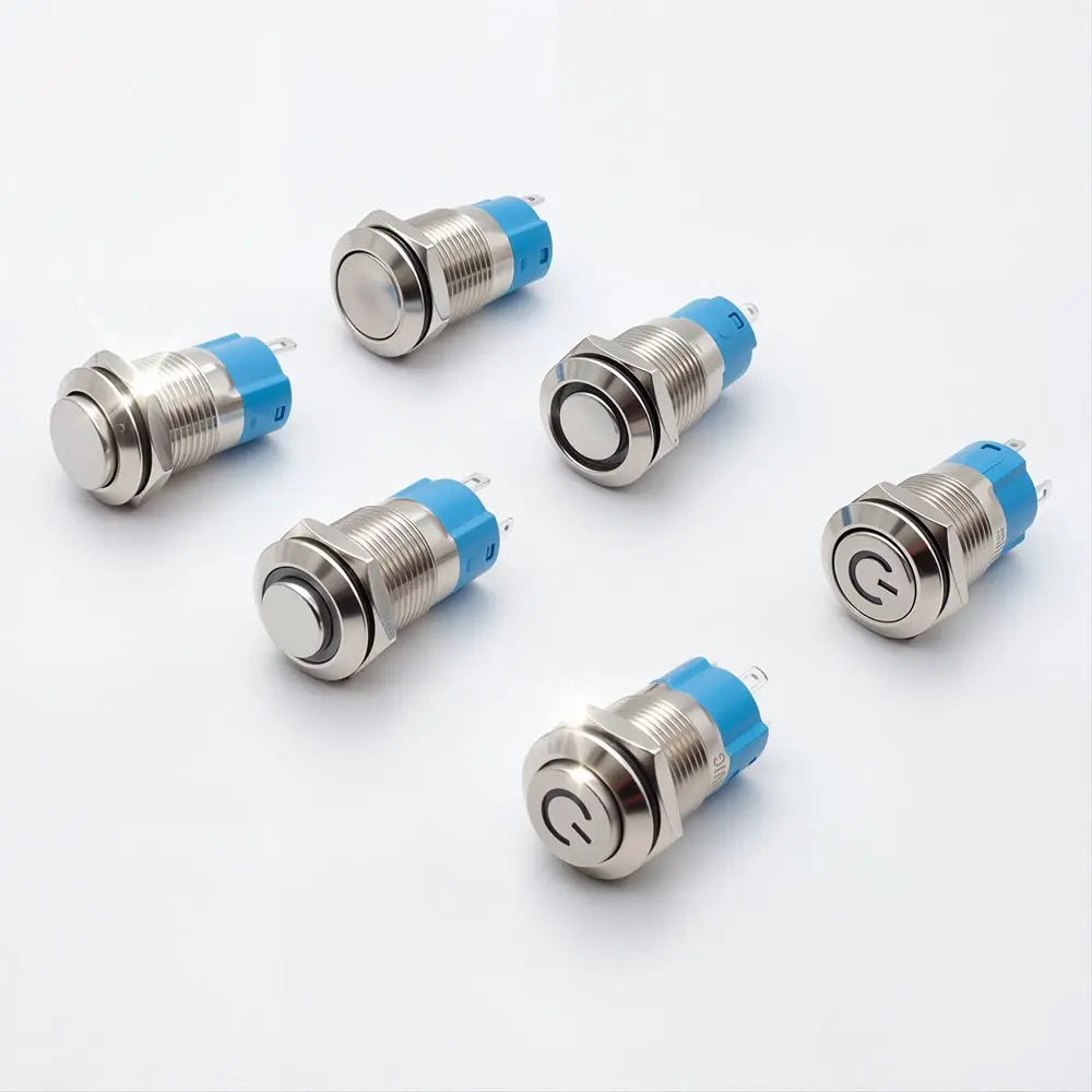 12mm Metal Push Button Switch Latching/Momentary Flat Head High Waterproof Led Light Red Yellow Blue Green White 5V 12V 24V 220V