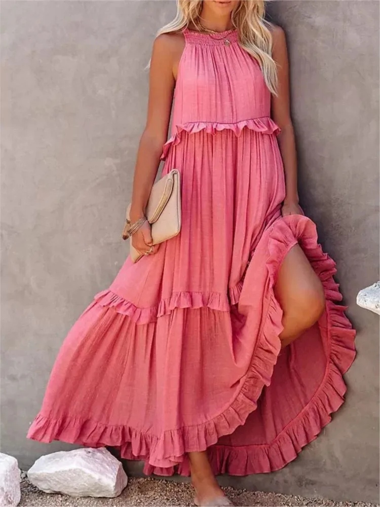 

Spring Summer New Solid Color Vacation Style Fashionable Lotus Leaf Edge Skirt Sexy Sleeveless Big Swing Beach Skirt
