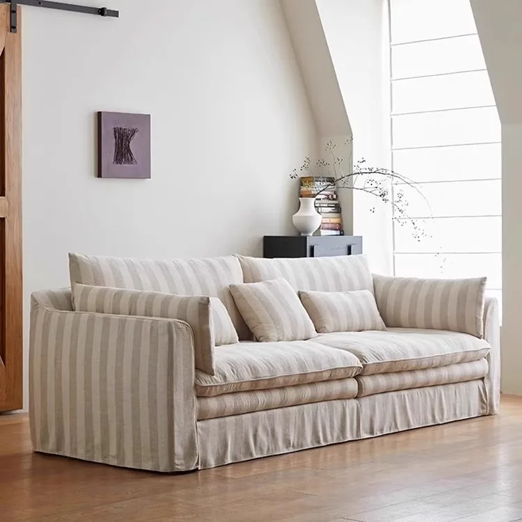 Mid-Century Embrace Fabric Sofa, French Retro Cream Style, High-End Removable Washable Down-Filled Straight Sofa
