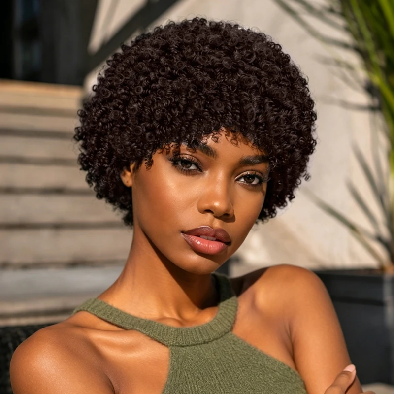 Women's 8-inch synthetic short, fine curly wig, dark brown small curls, suitable for everyday wear and themed parties.