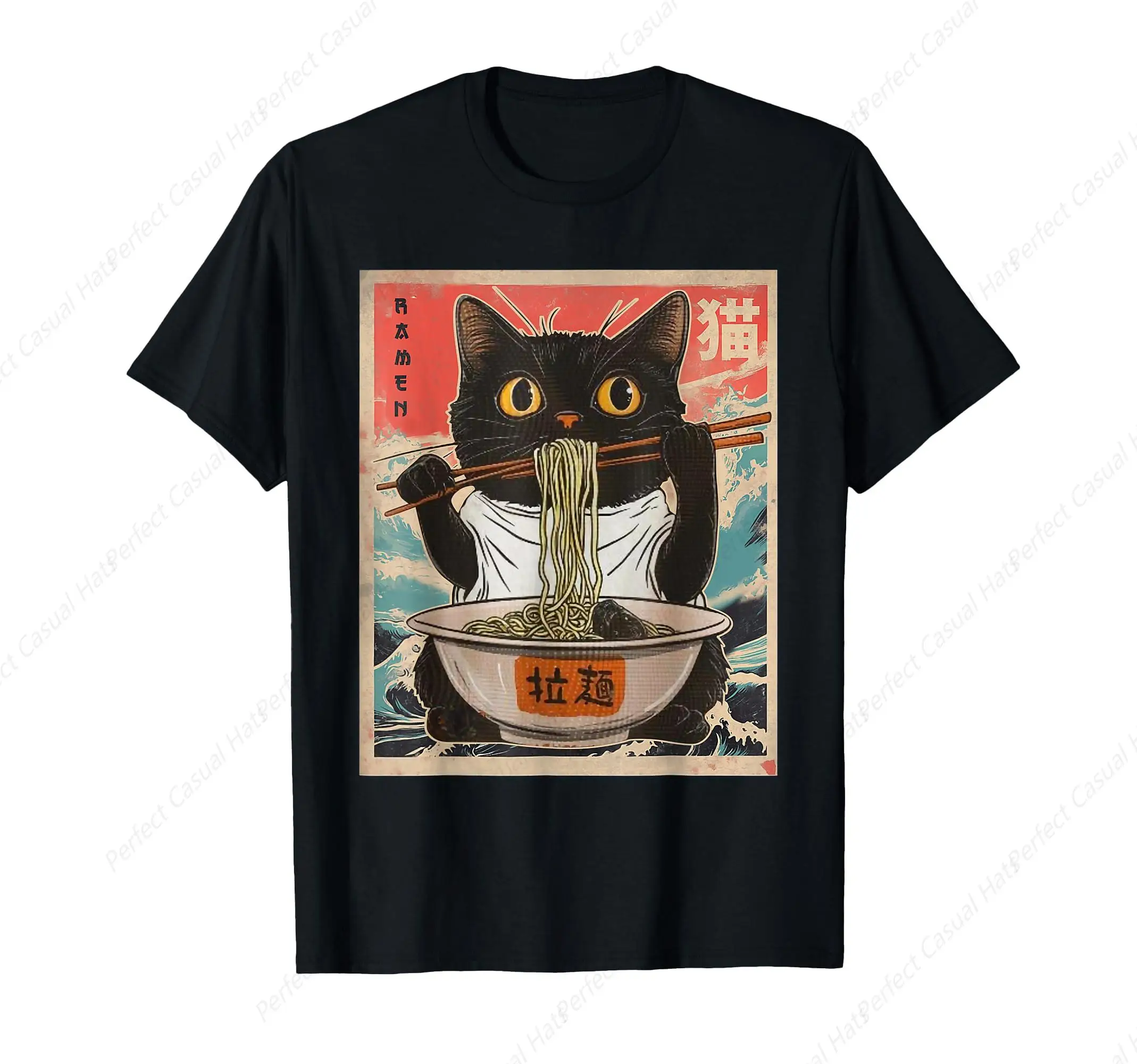 

Vintage Cat Ramen Japanese Funny Graphic Tees Kawaii Cat Anime T-Shirt Men Women Top