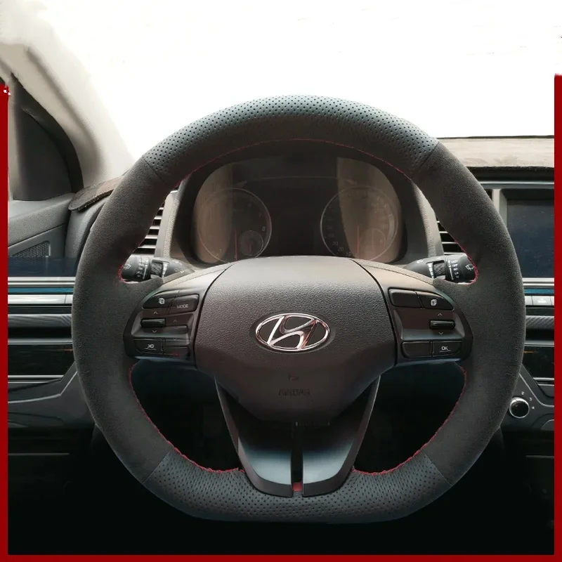 Hand-Stitched Black Suede Carbon Fibre Car Steering Wheel Cover For Hyundai Elantra IX35 Ioniq LaFesta Steering wheeI Accessorie