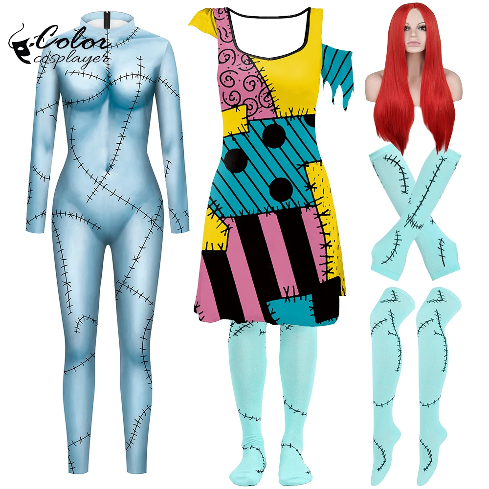 

Halloween Sally Dress Suit Women Cosplay Costume Funny Sally Wig Socks Set Christmas Movie Dress Up Carnival Gown Party Outfit