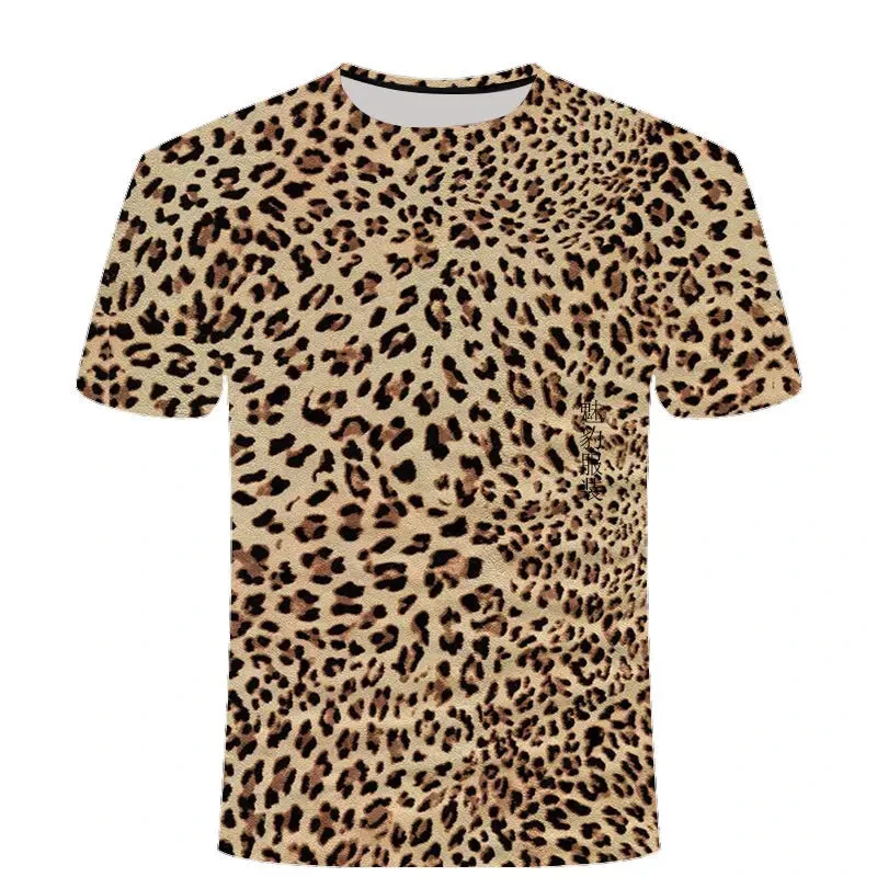 Leopard Print 3D Printing T-shirt Contrasting Stripes Fleck O-neck T Shirt For Men And Women's Summer Fashion Comfortable Top