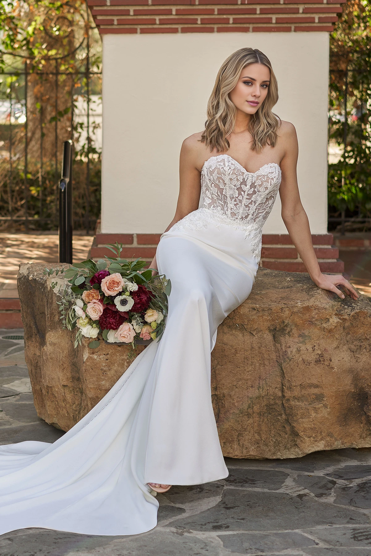 Customizable Strapless Mermaid Satin Wedding Dress Sweetheart Floral Lace Bodice Sheer Back Buttons Chapel Train Bridal Gown