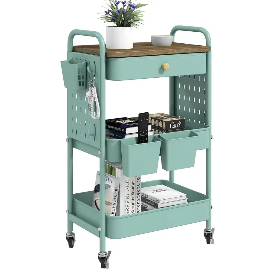 

3 Tier Rolling Cart, Metal Utility Cart with Wooden Table Top amp DIY Pegboard, Rolling Carts with Drawer, Storage Cart Craft C