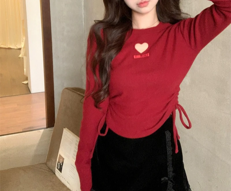 

Hot Girl Sexy Hollow Out Long Sleeved Women's Autumn and Winter Half High Neck German Velvet Drawstring Bottom Shirt Top