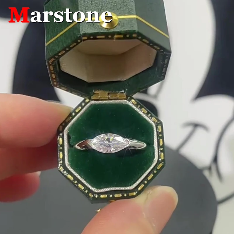 خاتم ألماس ماركيز مويسانيتي للنساء ، لون دي ، خاتم أزرق أخضر ، فضة إسترليني S925 ، خواتم ذهب أبيض عيار 18 قيراط ، مجوهرات راقية ، 1 قيراط
