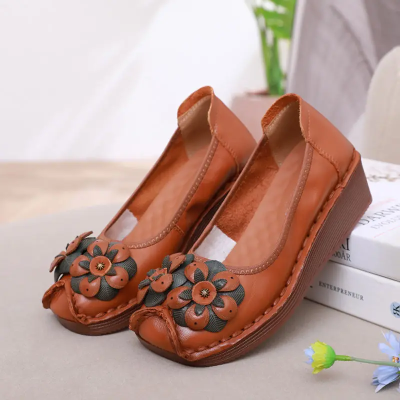 Red Vintage Flats Wedge Shoes Women\'s Genuine Leather Moccasins Floral Ballet Flats Ladies Driving Loafers Mother Shoes