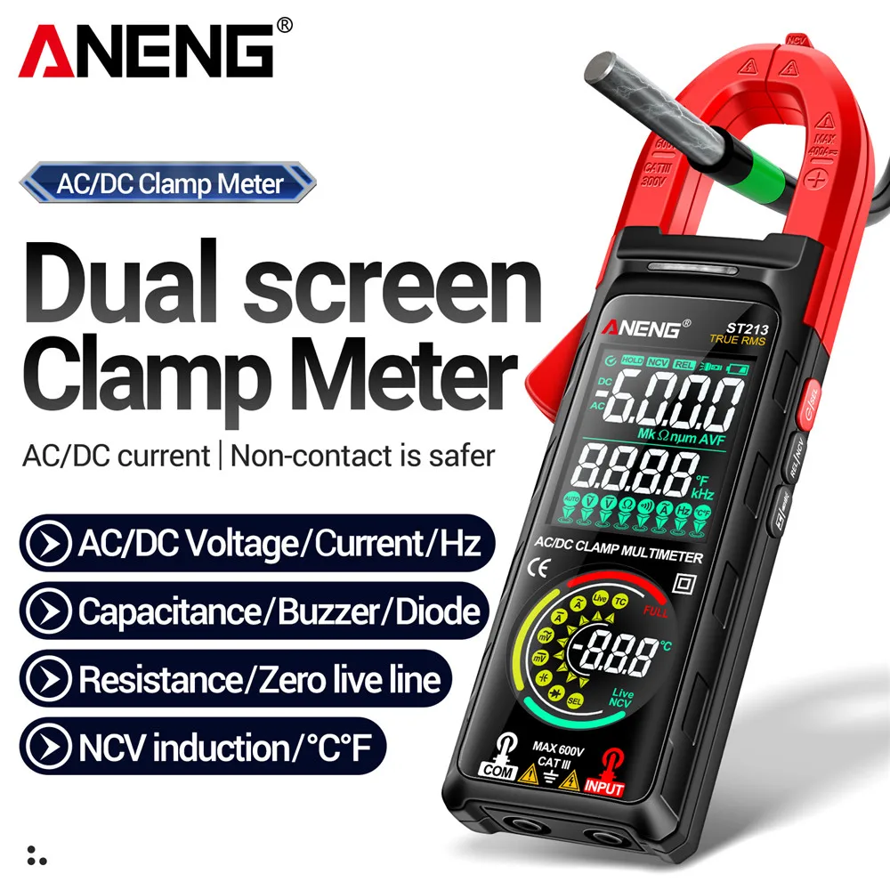 

ANENG ST213 Digital Clamp Meter AC/DC Current 6000 Counts 400A Amp Multimeter Large Color Screen Voltage Tester Car Hz NCV Ohm
