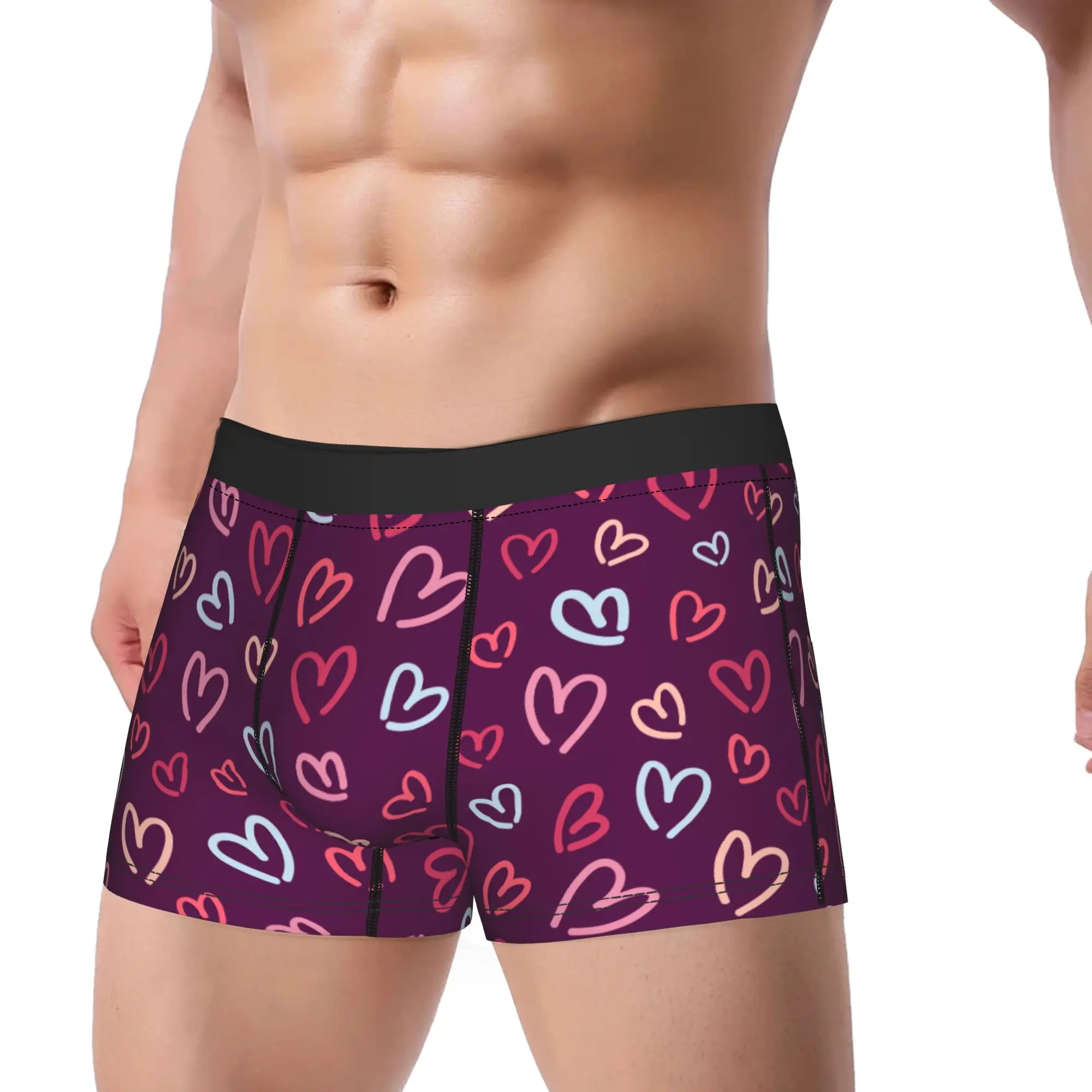Men's Love Heart Pattern Long Underwear Valentine's Day Funny Boxer Briefs Shorts Panties Male Soft Underpants M-XXL
