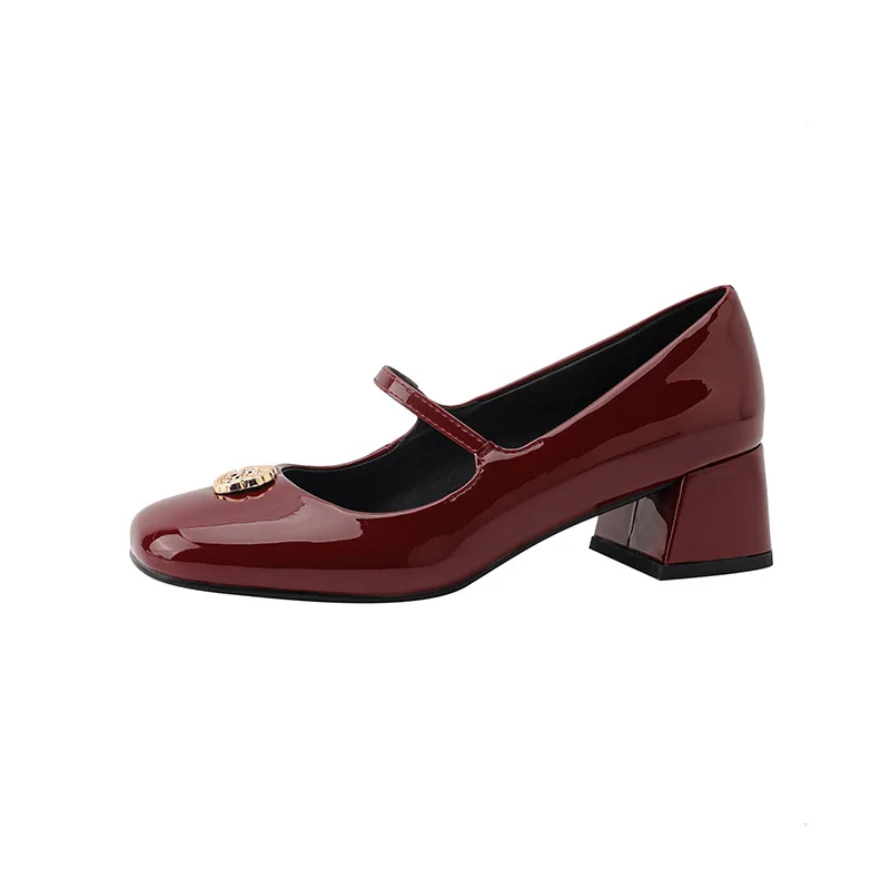 Phoentin Retro party Mary Janes shoes 2023 Women Genuine leather Thick mid Heels Pumps Fashion Shoes wine red big size  FT2792