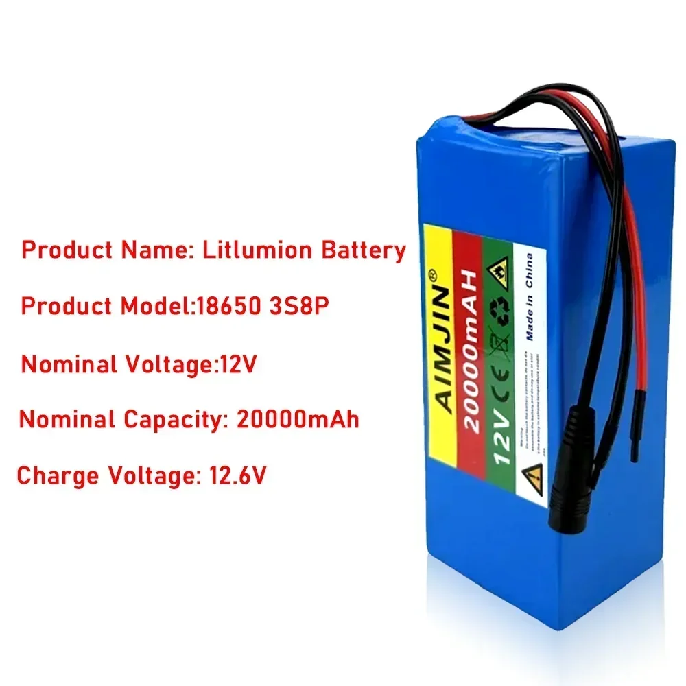 100% true capacity 3s8p 18650 battery pack 12v 20Ah 18650 lithium battery protection board 20000mAh for inverter mining lamp+BMS