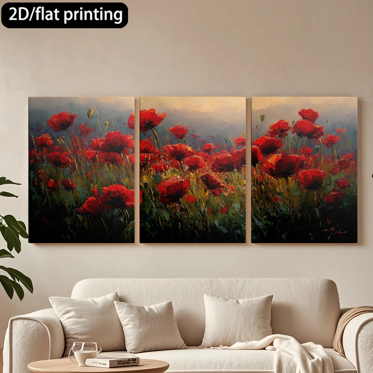

2D плоская печать, 3-х частная декоративная картина на холсте в деревянной раме. Поле красных маков. Декор для коридора и спальни.