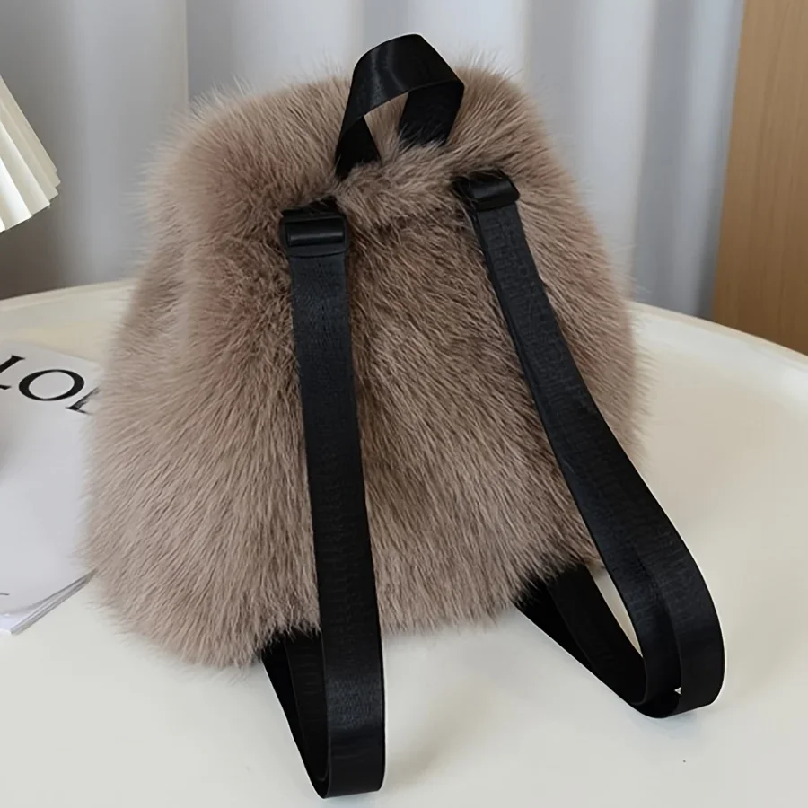 Women's Plush Faux Fur Backpack with Adjustable Drawstring Closure Daypack for Casual Formal Use Mini Backpack Soft Texture Bag