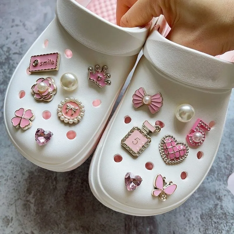 14Pcs New Pink Shoe Charms Set Creative DIY Shoe Flower Diamond Pearl Rhinestone Detachable Chain Buckle Girls Shoe Decoration