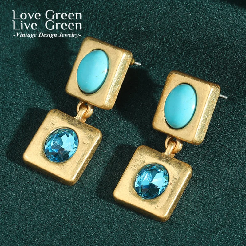 

Vintage Blue Crystal Turquoise Earrings Woman Stone Drop Square Luxury Fashion Jewelry Gold Color Accessories Christmas 2025