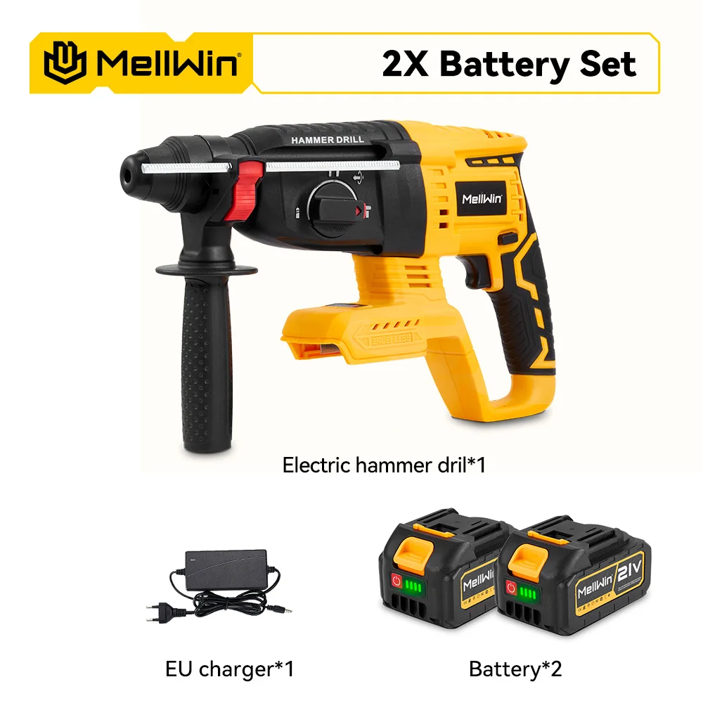 MELLWIN 1680W Borstelloze Elektrische Hamerboor 26MM Draadloze Roterende Slaghamer Houtbewerking Power Tool Voor 21V 18V batterij