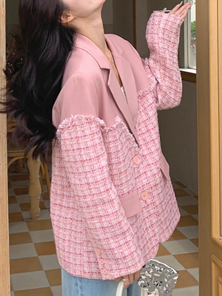 YERMORA Roze Kleur Gesplitst Plaid Casual Blazer Voor Vrouwen Revers Lange Mouw Big Size Basic Jas Mode Tij Lente Herfst A1