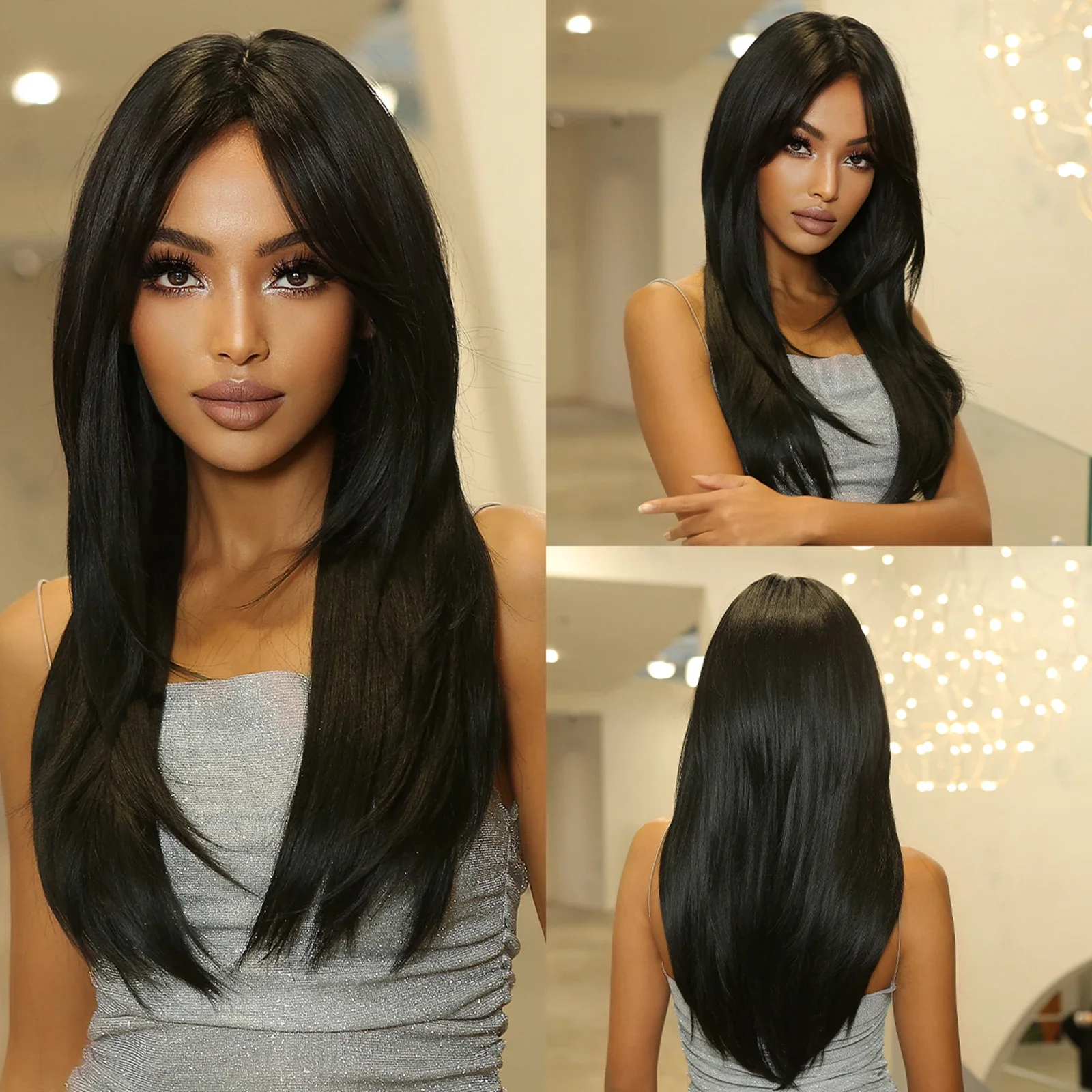 

Dark Black Layered Synthetic With Bangs Long Natural Straight Hairs for Black Women Daily Cosplay Heat Resistant Fiber Wigs