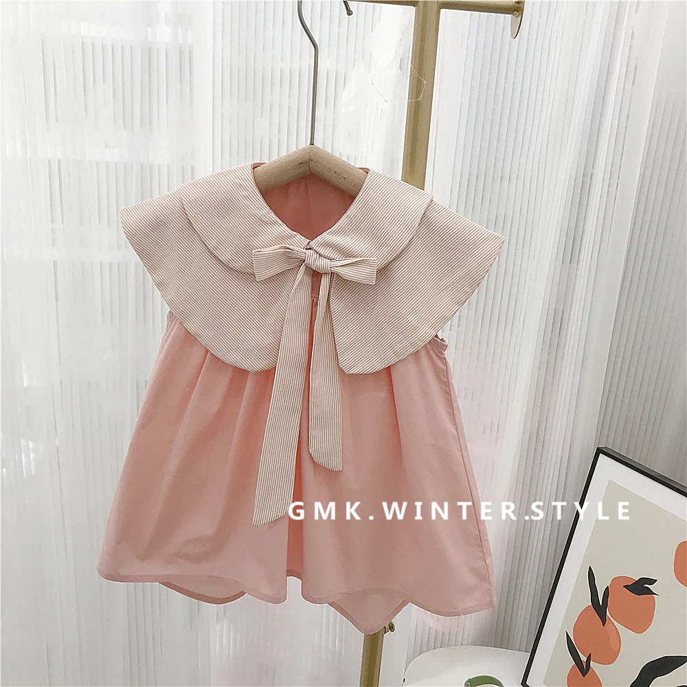 2024 Korean Summer Children Girls Dress Double Collar Knotbow Sleeveless Baby Girl Dress A-line Pink Princess Toddler Girl Dress