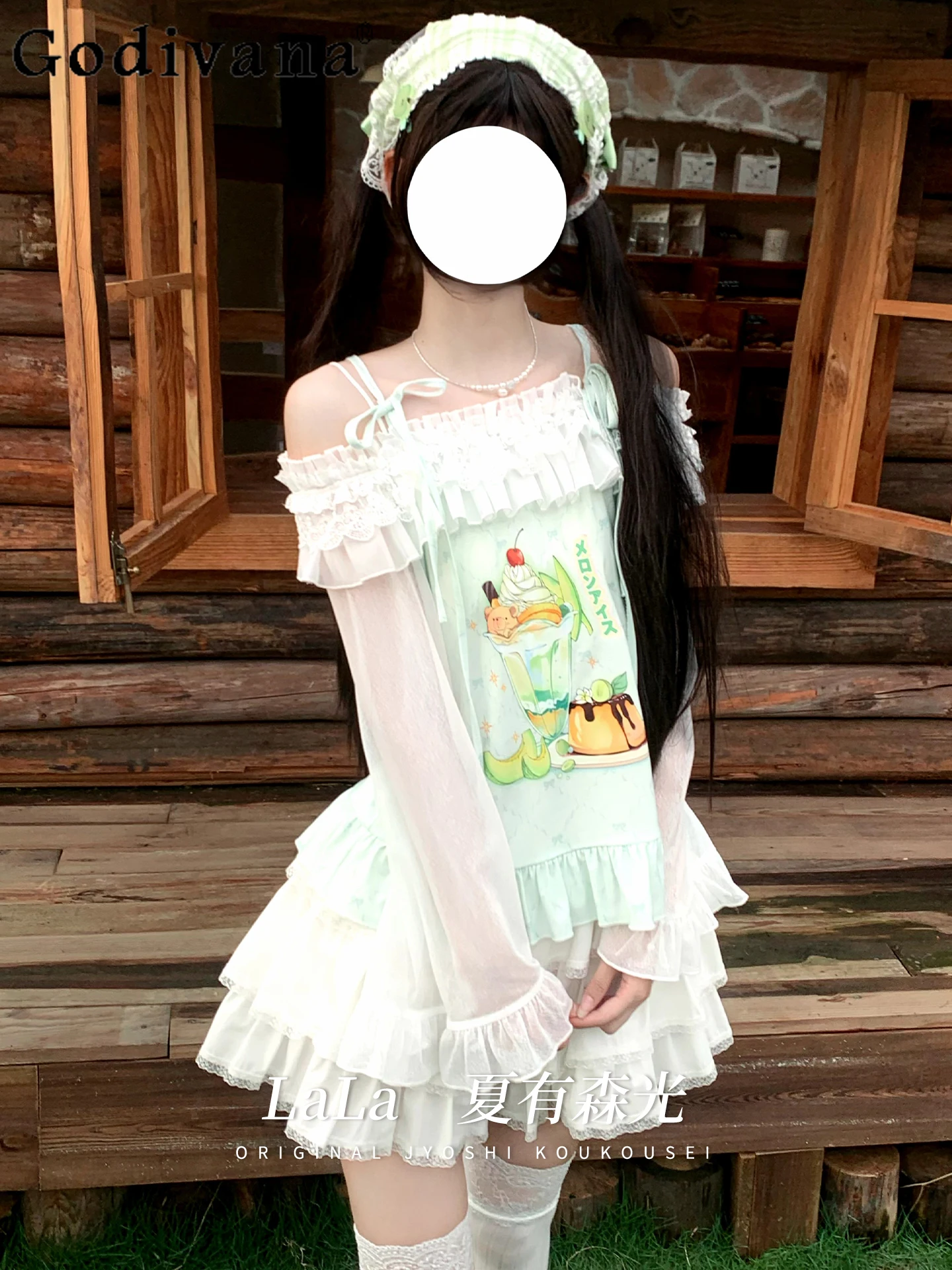 

Original Japanese Soft Girl Kawaii Long-sleeved Top Skirt 2-piece Set Summer New Cute Print Off-the-shoulder T-shirt Mini Skirt